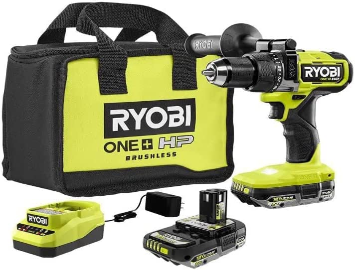 RYOBI ONE+ HP 18V sin escobillas inalámbrico 1,27 cm. Kit de taladro de martillo con (2) baterías de 2,0 Ah, cargador y bolsa (PBLHM101K2)