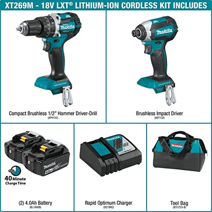 Makita XT269MB 18 V LXT – Set de taladro sin escobillas 2-PC. Combo Kit (4.0AH), XT269M, Kit en combo, Azul