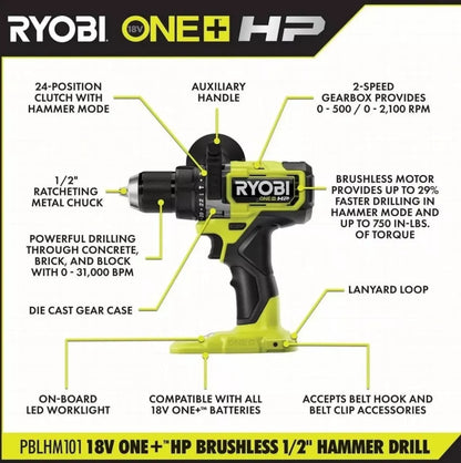 RYOBI ONE+ HP 18V sin escobillas inalámbrico 1,27 cm. Kit de taladro de martillo con (2) baterías de 2,0 Ah, cargador y bolsa (PBLHM101K2)