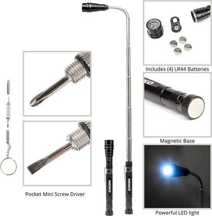 NEIKO 20736A Juego de herramienta de recogida magnética y espejo de inspección | Linterna LED telescópica flexible y extensible | Herramienta de recuperación de 15 lb