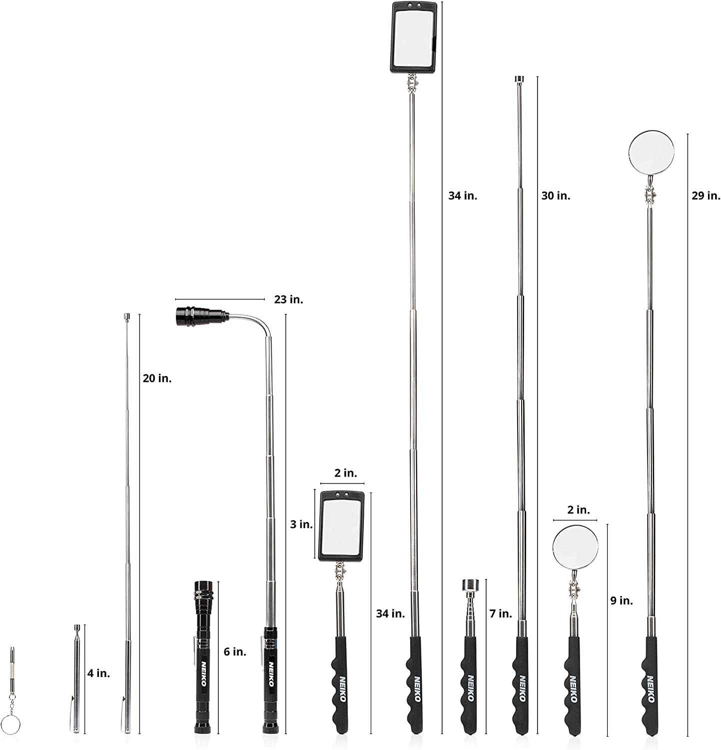 NEIKO 20736A Juego de herramienta de recogida magnética y espejo de inspección | Linterna LED telescópica flexible y extensible | Herramienta de recuperación de 15 lb