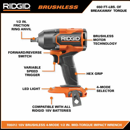 RIDGID 18V Llave de Impacto 1/2in Sin Escobillas con Batería 4ah y cargador